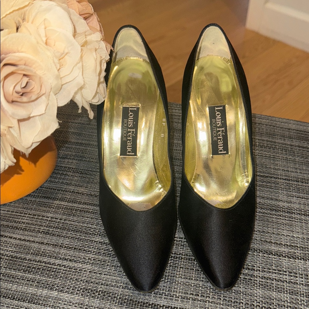 Louis Feraud satin and gold designer heels- class and beauty.
